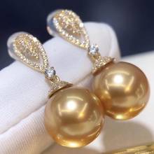 Pendientes de perlas D801, joyería fina, oro de 18K sólido, redondo, 11-12mm, pendientes de gota de perlas doradas de agua de mar 2024 - compra barato