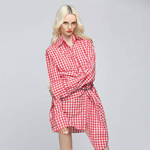 2019 Autumn Classic Print Plaid Shirt Dress Ladies Long Sleeve Singer Button Novelty Ladies Dress Red Asymmetrical Womens Dress 2024 - buy cheap