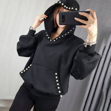 Harajuku Oversized Women Hooded Sweatshirts Beading Solid Black Spring Autumn Streetwear Hooded Tops Korean Causal Hoodies Lady 2024 - купить недорого