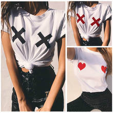 FIXSYS-Camiseta divertida con estampado de corazón de amor para mujer, camisetas informales sexys de manga corta, camisetas de cuello redondo para mujer 2024 - compra barato