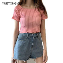 Women T-shirts Off Shoulder Knitting Crop Tops Women Short Sleeve Stretchy Ruffles Hem T-shirts Stripes Tops For Women 2024 - buy cheap