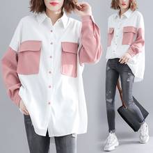 Lançamento blusa feminina manga comprida folgada bolso túnica feminina primavera verão 2019 camisas camisetas retalhos de algodão os103 2024 - compre barato
