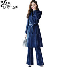 UHYTGF 2 piece female tracksuit fashion plaid autumn winter wool two piece set elegant top+wide leg pants casual suit women 1069 2024 - buy cheap