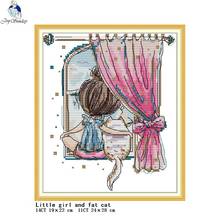 Little girl and fat cat count printing cross stitch kit Aida 14ct 11ct needlework embroidery set DIY sewing set home decoration 2024 - buy cheap