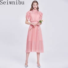Vestido midi elegante, plissado, novo verão, feminino, chiffon rosa, babados, botões, gola redonda 2024 - compre barato