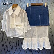 High Quality Skirt Sets 2021 Spring Summer 2 Piece Set Women Sexy Tulle Mesh Tops Shirt+Blue Denim Patchwork Mesh Skirt Suits 2024 - buy cheap