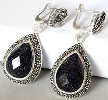 lady's 925 Silver Natural Blue Sand Stone Marcasite Drop Earrings 2024 - buy cheap