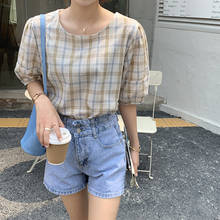 Summer new lattice crop top women Round neck fashion tops women Short sleeve puff sleeve tops women 2021 2024 - buy cheap