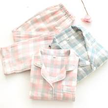 Conjuntos de pijamas de verão femininos, de malha, 100% algodão, de gaze, manga comprida, casual, roupa de dormir, pijama feminino 2024 - compre barato