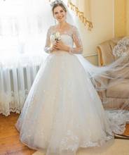 Wedding Dress Ball Sheer Neck Full Sleeve Lace Appliques Sequined Tulle Button Back Floor Length Sweep Train Gorgeous Bride Gown 2024 - buy cheap
