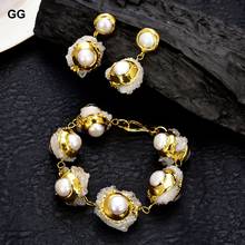 Guaisai joias de quartzo natural, conjuntos de brincos e pulseiras banhados a ouro, pérola branca de cativeiro e quartzo branco 2024 - compre barato