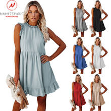 Vestido feminino de verão, vestido da moda em cor sólida, linha a, cavado, com botões, babados, decoração, gola redonda, sem mangas, cintura alta, mini vestido 2024 - compre barato