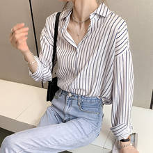 Nova blusa solta de primavera 2021, blusas femininas listradas, manga comprida, estilo boyfriend, outono # h04 2024 - compre barato