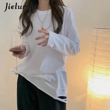 Jielur Basic Long Sleeve Women's T-shirts Cotton O-neck Hole Pure Color White T-shirt Simple Casual Loose Tops BF Female Tee S-L 2024 - buy cheap
