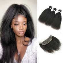 Kisshair kinky straight human hair bundles with frontal 13*4 lace frontals yaki curly natural color brazilian hair weave bundle 2024 - buy cheap