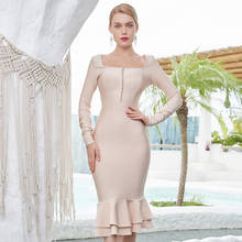 Free Shipping Wholesale 2021 Women's Dress Beige Long Sleeves Fashion Sexy Mermaid Celebrity Cocktail Party Bandage Dress 2024 - buy cheap
