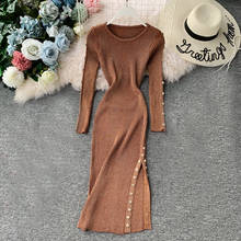 Autumn Winter Women Solid Sweater Dress Split Button Knitted Dress Female Long Sleeve Long Dresses Bodycon Sheath Vestidos A1631 2024 - buy cheap