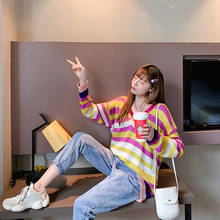 H9532 Autumn Winter Pullover Female Korean Loose Rainbow Striped Sweater Women Student V Collar Casual College Style Jumper Tops 2024 - buy cheap