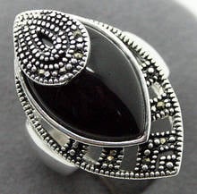 30X18mm Leaf Marcasite Natural Black Natural jade 925 Sterling Silver Ring Size 7-10 2024 - buy cheap