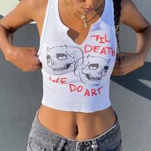 Women Sleeveless Ribbed Skinny Crop Top Sexy Cutout V-Neck Graphic Camis Vest Harajuku Skull Letter Print Tank Top Shirt 2024 - buy cheap