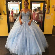 Elegante vestido de quinceañera azul cielo claro 2020, vestido de baile con abalorios sin hombros, manga corta, Puffy, dulce 15, fiesta de graduación 2024 - compra barato