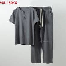 Camiseta y pantalones de lino de verano para hombre, camisetas de estilo chino, traje Tang de manga corta de talla grande 5XL, 7XL, 8XL, 9XL, tops vintage de gran tamaño 70 2024 - compra barato