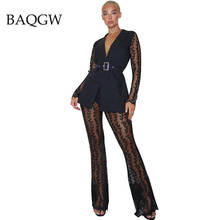 Mesh Floral Lace See Through Office Lady Two Piece Set Autum Long Sleeve Jacket Wide Leg Pants Matching Sets Overalls with Belt 2024 - buy cheap