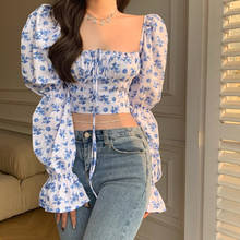 Camisa con estampado Floral de estilo coreano para mujer, blusa corta abombada de manga larga con cuello cuadrado Sexy, ropa de verano 2021 2024 - compra barato