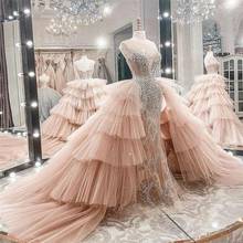 Vestidos de novia de sirena rosa con tren desmontable, tul escalonado, Apliques de encaje hechos a medida, vestido de novia de cuentas de lujo 2024 - compra barato