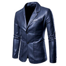 Мужской кожаный пиджак, однотонный, приталенный, Деловой, Повседневный 2024 - купить недорого
