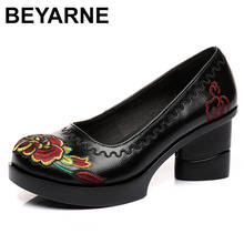BEYARNE Spring Women Pumps Retro Embroider Lady 7.5CM High Heels Slip On Platform Hand Pumps Women Genuine Leather Shoes 2024 - buy cheap