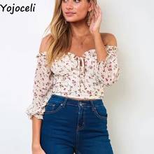 Yojoceli Sexy off shoulder floral print short blouse women Autumn short bow crop tops female blusas Casual daily beach blouse 2024 - buy cheap