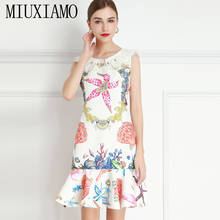 MIUXIMAO 2021 Spring Summer O-Neck Starfish Shells Print Diamonds  Sleeveless  Elegant Casual Midi Trumpet Dress Women Vestidos 2024 - buy cheap