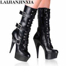 LAIJIANJINXIA-Botas de media caña para mujer, zapatos de tacón alto de 15CM, con plataforma, color rojo/blanco 2024 - compra barato