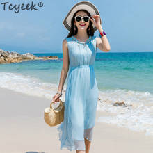 Tcyeek-Vestido largo de seda Real para mujer, ropa elegante para fiesta en la playa, azul, oficina, 2020 LWL1580 2024 - compra barato