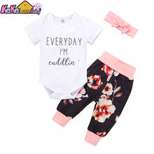 Newborn Infant Baby Girl Summer Clothes Short Sleeve Letter Print Romper Floral Pants Headband 3Pcs Toddler Clothing Outfits Set 2024 - buy cheap