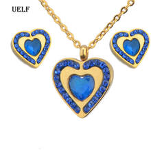 Uelf aço inoxidável na moda coração pingente azul colar de cristal coração brinco conjuntos de jóias casamento cz zircon cúbico acessório 2024 - compre barato