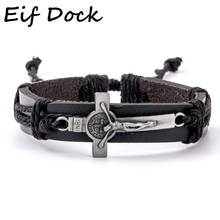 Pulsera de cuero Vintage para hombre y mujer, brazalete con amuleto de Jesús, Cruz de Metal, cordón de cera ajustable, gran oferta 2024 - compra barato