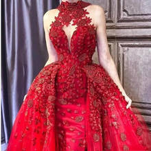 Abiye-vestido de noche rojo con cola extraíble hecho a medida, elegante, largo, árabe, Formal, con apliques 2024 - compra barato