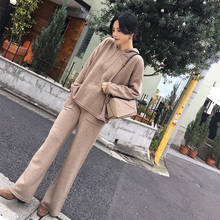 Knitting Female Sweater Pantsuit For Women Two Piece Set Knitted Pullover Hooded Long SleeveTop Wide Leg Pants Suit 2020 Autumn 2024 - buy cheap