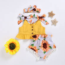 0-24M Summer Baby Girls Ruffle Bowknot Vest Kids Crop Tops+Sunflower Tassel Shorts Headband Outfits Toddler Set 2024 - buy cheap