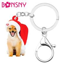 Bonsny chaveiros de acrílico com chapéu de natal para mulheres, chaveiros de cão da pomerania, bolsa, carteira de carro, bolsa, chaveiros para presentes, decorações 2024 - compre barato