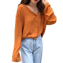 Korean Style Women Fashion Solid Shirts Women Autumn Casual Chiffon Blouses Female Loose Tops Long Sleeve V Neck Blouses 2024 - buy cheap