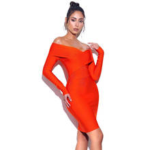 Frete grátis atacado vestido feminino laranja vermelho strapless slash neck manga longa sexy celebridade cocktail festa bandagem vestido 2024 - compre barato