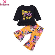 Pudcoco/Осенняя детская одежда для маленьких девочек; 2019 г.; Одежда для младенцев; топ с цветочным рисунком; штаны с оборками; брюки-клеш; комплект одежды; bebe 2024 - купить недорого