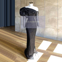 Boat Neck Black Mermaid Evening Dress Floor-Length Long Sleeves Vestido de festa Slit Prom Dress Celebrity Dress 2020 Dubai 2024 - buy cheap
