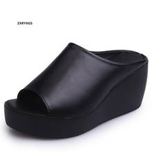 Sandálias femininas de couro legítimo, chinelos com plataforma, aumento de sapatos, verão 2020 2024 - compre barato