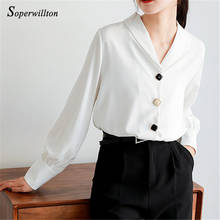 Chique botão grande blusa com decote em v moda branco camisas femininas 2021 novo design feminino blusas de escritório wear femme blusas manga longa 2024 - compre barato