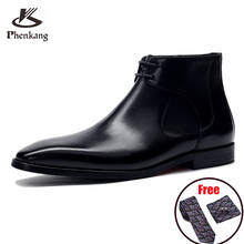 Phenkang Men Winter Genuine Cow Leather Chelsea Boots Brogue Casual Ankle Flat Shoes Comfortable Quality Laces Dress Boots 2020 2024 - buy cheap