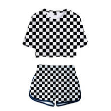 Conjunto de camiseta umbigo 3d exposta, conjunto duas peças feminino com estampa de lâmina fantasma, casual, verão, 3d, preto e branco, xadrez 2024 - compre barato